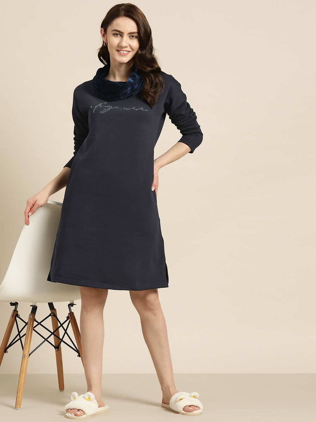Sweet Dreams Navy Blue Solid Faux Fur Cowl Neck Nightdress