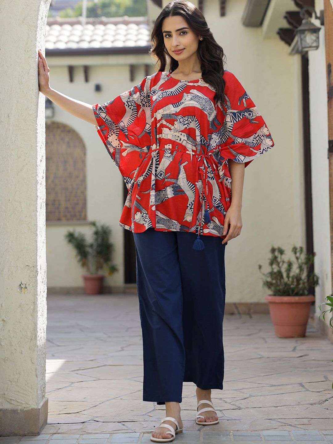 SANSKRUTIHOMES Animal Printed Round-Neck Top & Flared Trouser Co-Ords