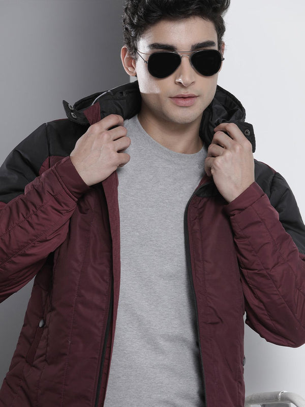 The Indian Garage Co Men Colourblock Zip-Front Slim Fit Bomber Jacket with Detachable Hood