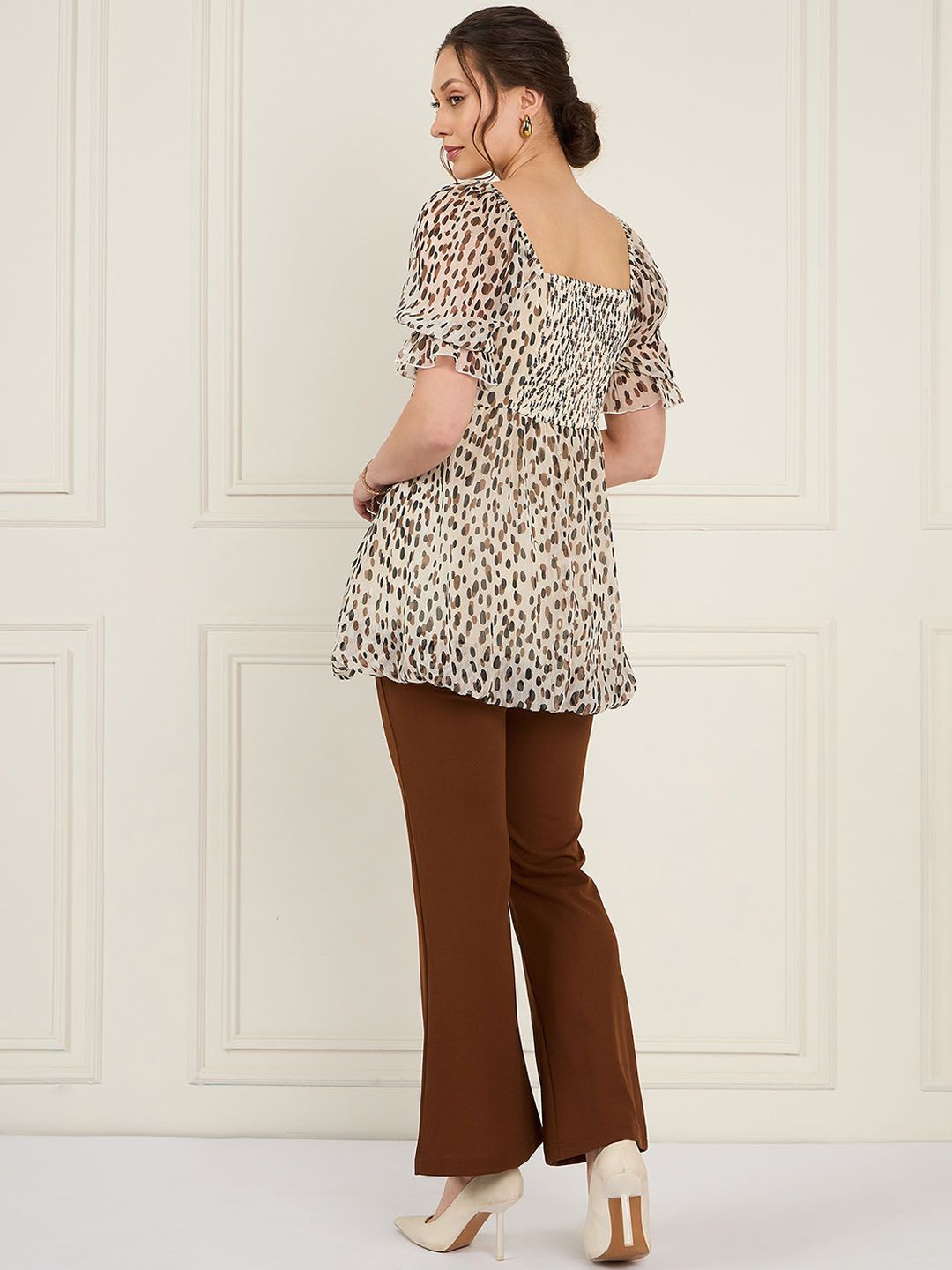 Antheaa Off White Polka Dots Printed Puff Sleeves Tie Up Top &Trouser
