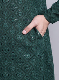 SOJANYA Turutan Sulam Geometrik Kolar Mandarin Kurta Kapas Tulen