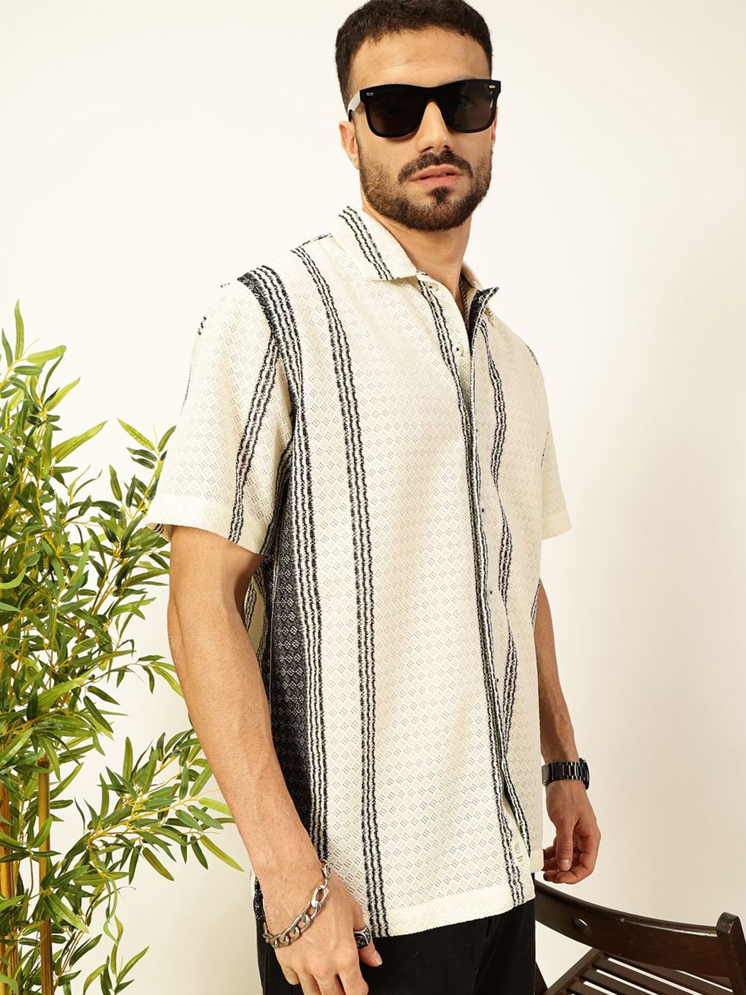 Thomas Scott Men Self Design Textured Regular Fit Semi-Sheer Casual Crochet Shirt
