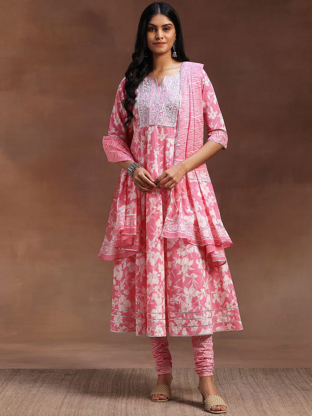 Libas Floral Printed Panelled Thread Work Pure Cotton Anarkali Kurta & Churidar & Dupatta