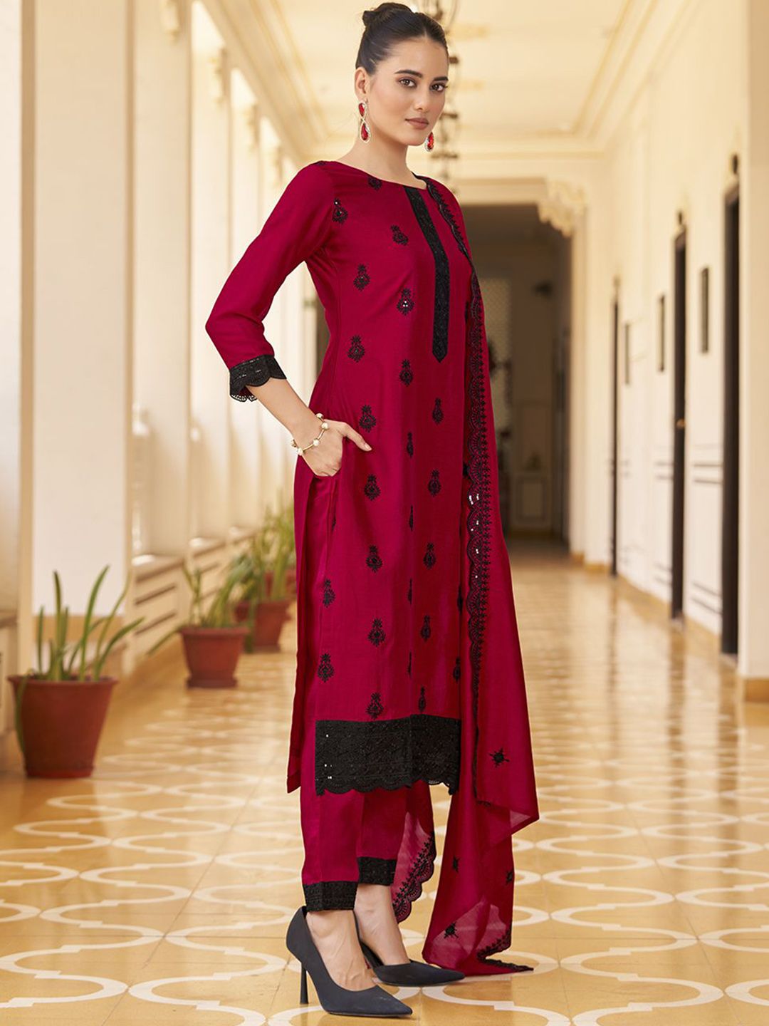 KALINI Floral Embroidered Straight Kurta with Trousers & Dupatta
