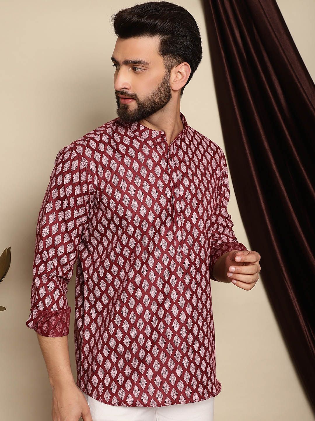 Anouk Maroon Etnik Motif Bercetak Cotton Linen Kurta Pendek