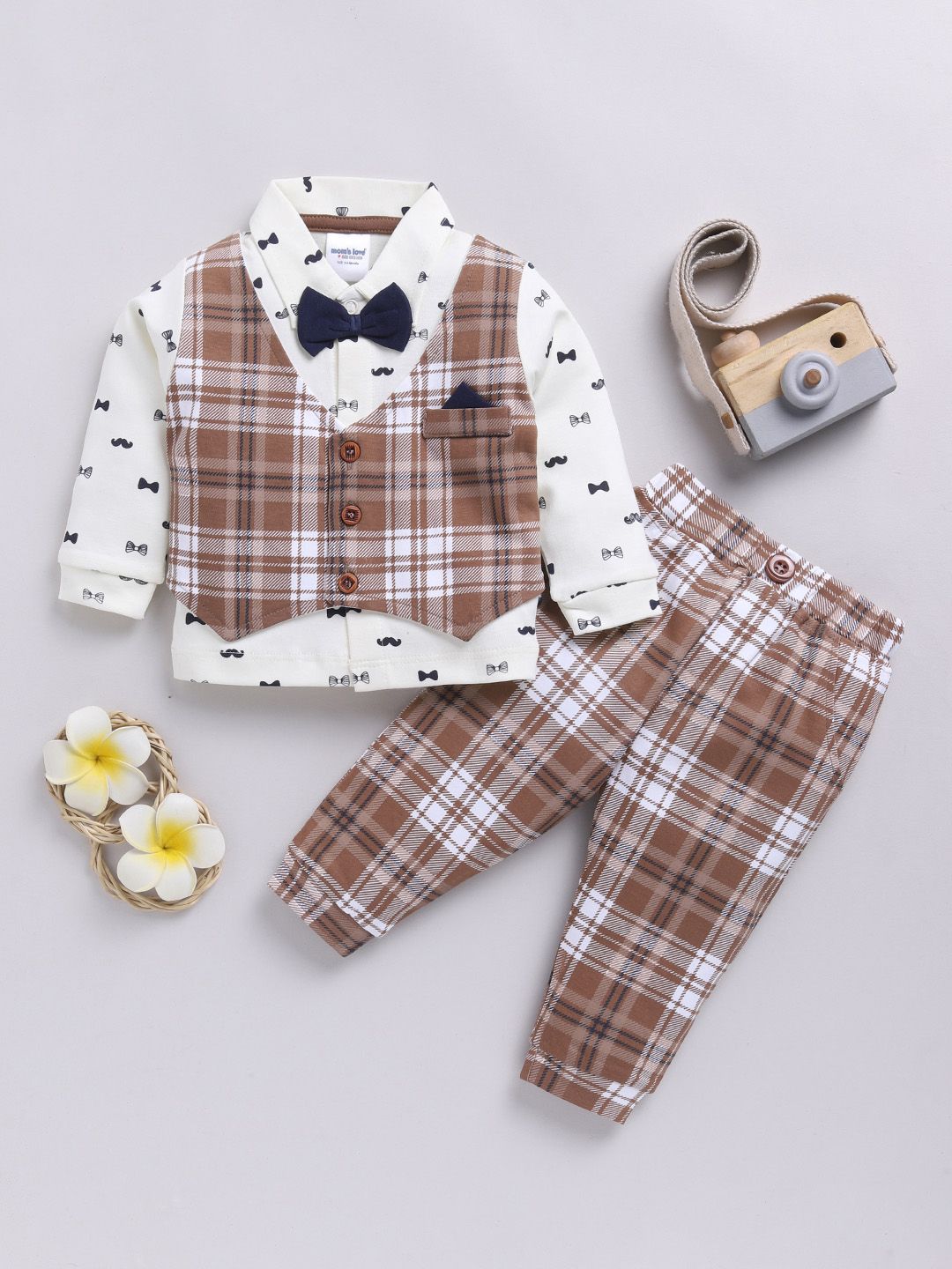 Moms Love Infant Boys Checked Pure Cotton Party Shirt & Trousers with Attached Waistcoat