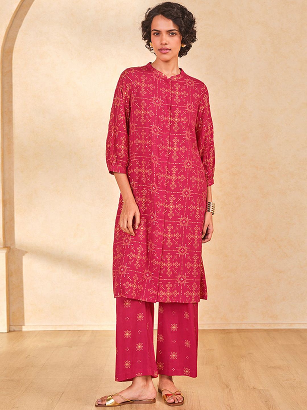 Global Desi Bandhani Printed Mandarin Collar Straight Kurta with Palazzo