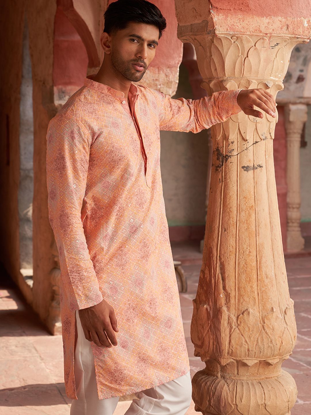 JOMPERS Geometric Collar Mandarin Collar Work Straight Kurta Lurus