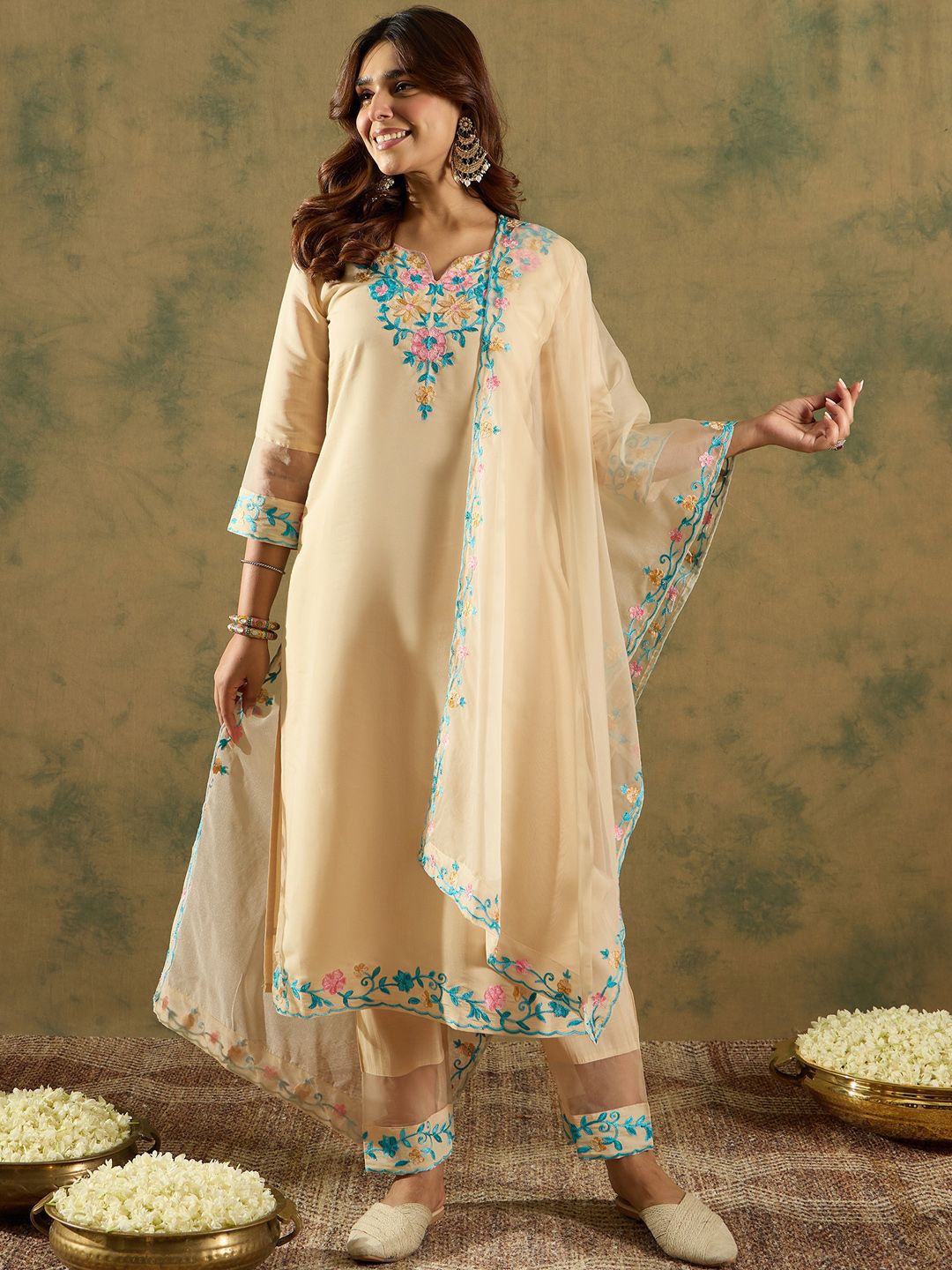 Indo Era Floral Embroidered Thread Work Kurta With Trousers & Dupatta
