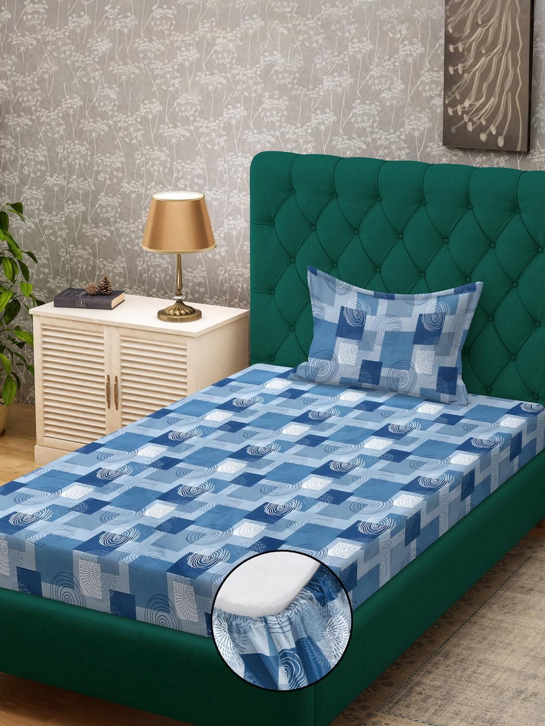 KLOTTHE Blue Geometric Cotton Single Bedsheets