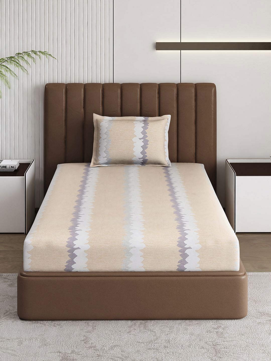 Monte Carlo Pixel Beige & Grey Printed 120 TC Single Bedsheet Set 1.52 m x 2.30 m