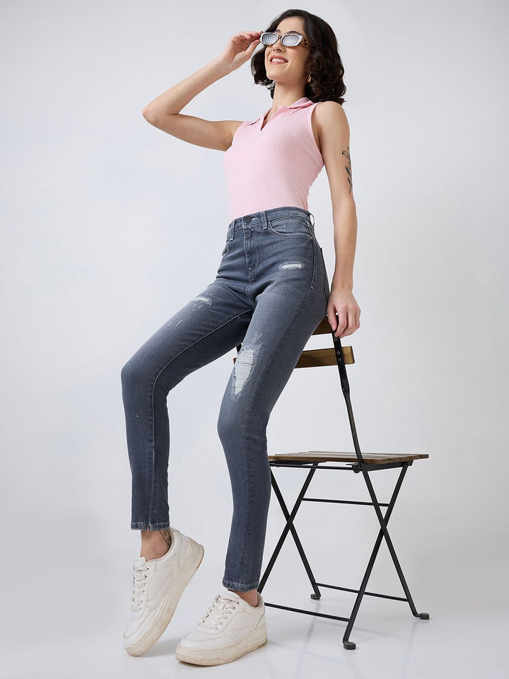 SPYKAR Women Slim Fit High-Rise Low Distress Heavy Fade Jeans