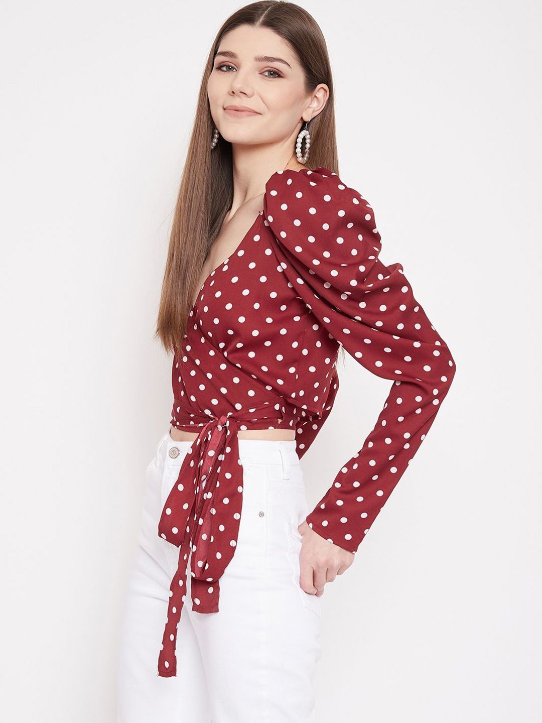 Berrylush Polka Dot Print Puff Sleeve Wrap Crop Top