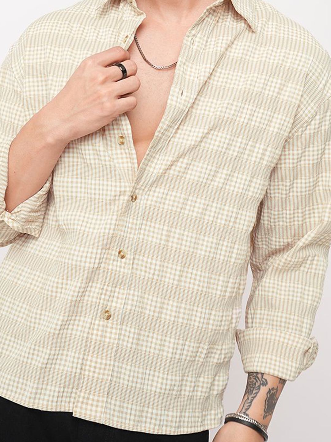 VASTRADO Classic Oversized Checked Seersucker Weave Cotton Casual Shirt