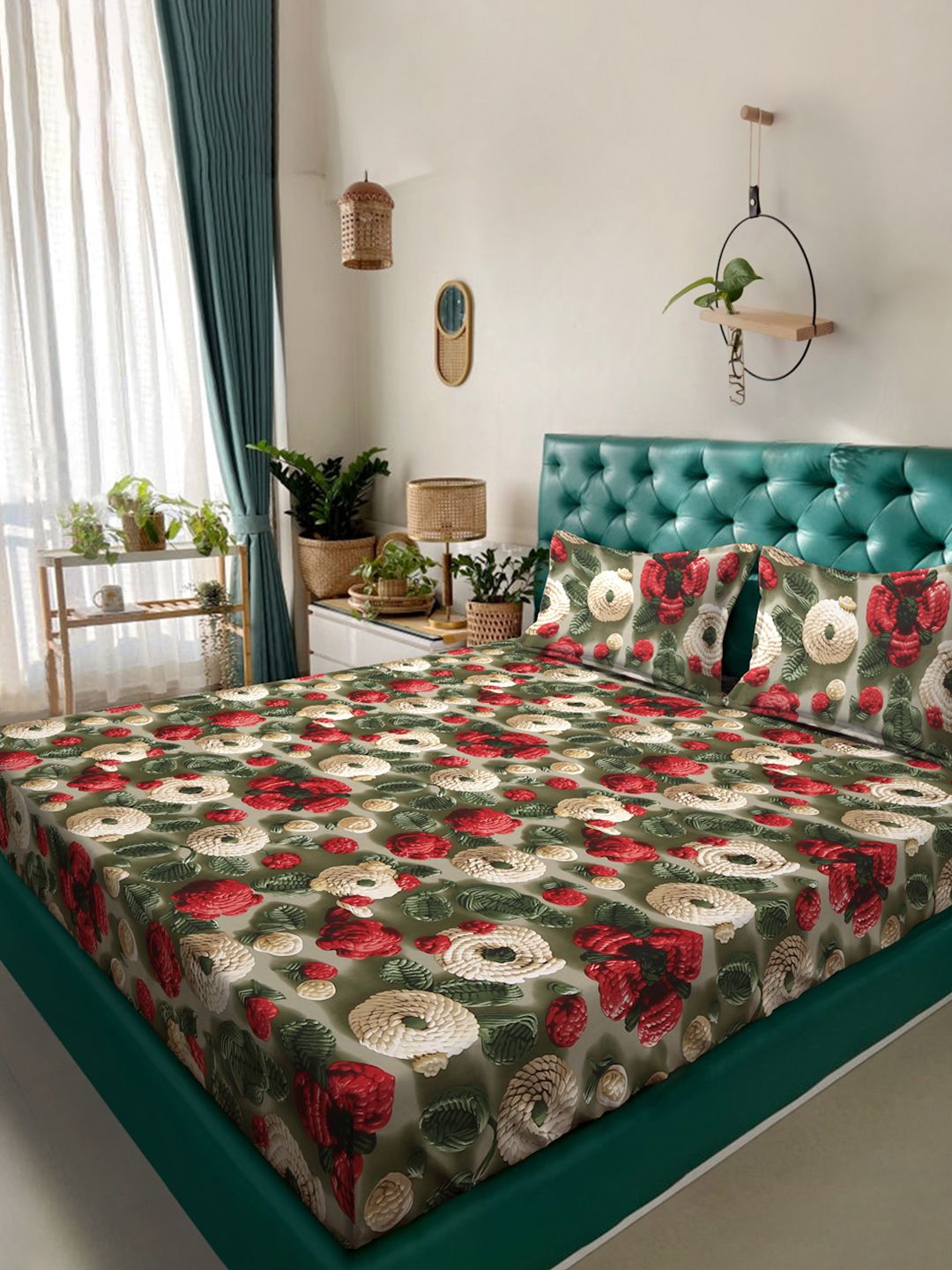 KLOTTHE Hijau & Merah Bercetak Bunga Flat 300 TC Cadar 7D King Dengan 2 Sarung Bantal