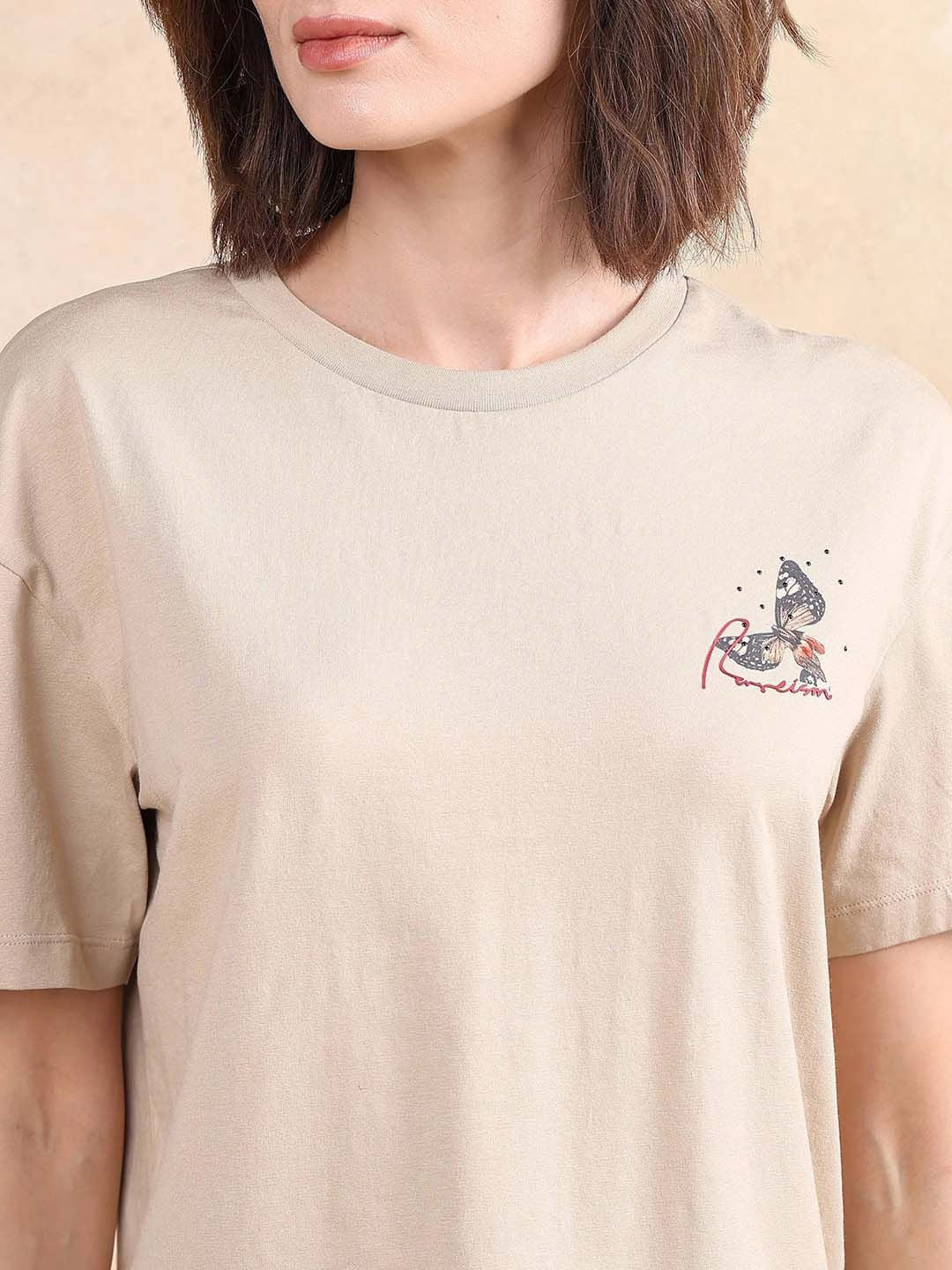 Rareism Wanita Grafik Bercetak Kapas Leher Pusingan T-shirt Santai