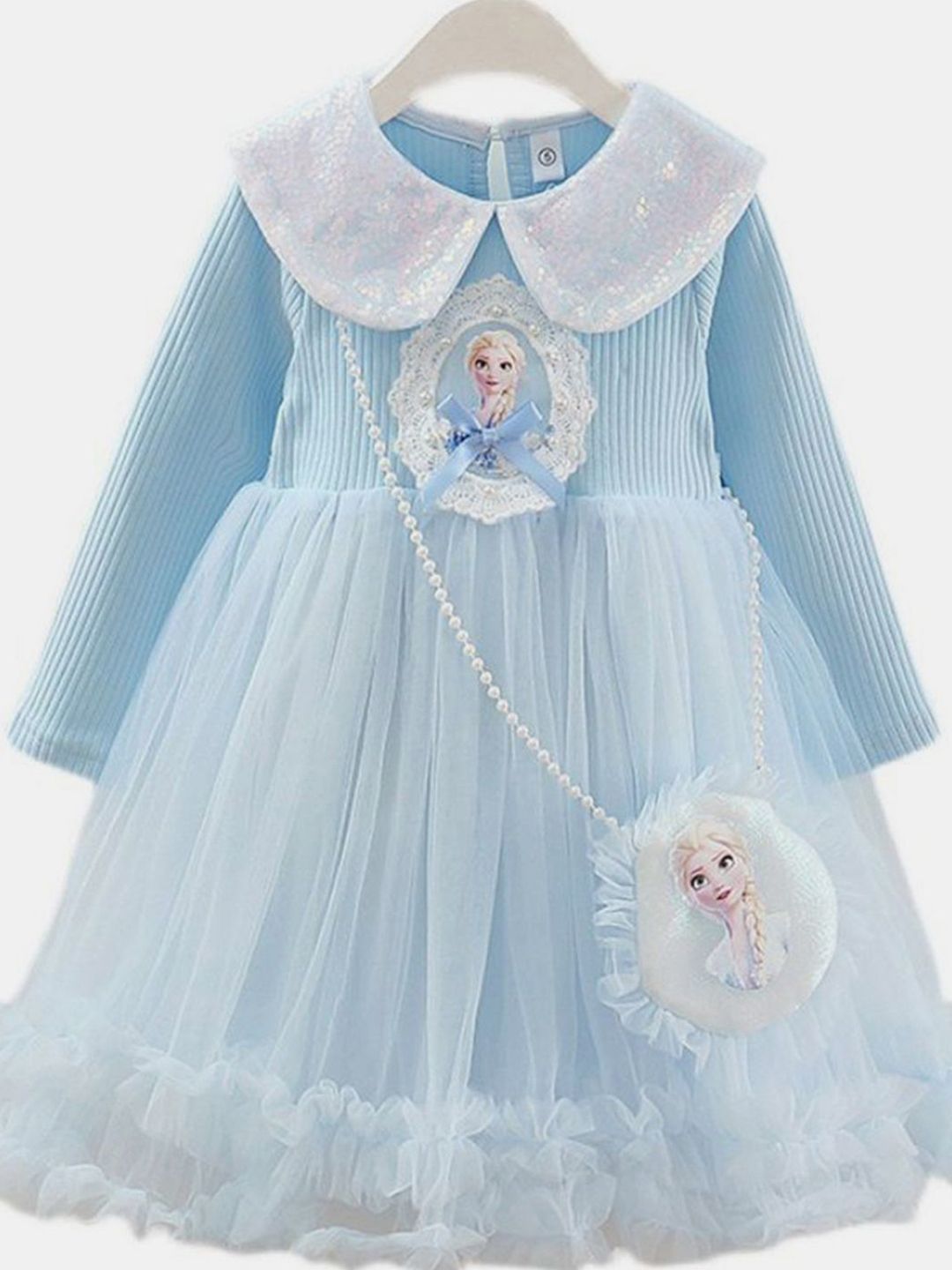 YK Girls Self Design Peter Pan Collar Tulle Fit & Flare Dress