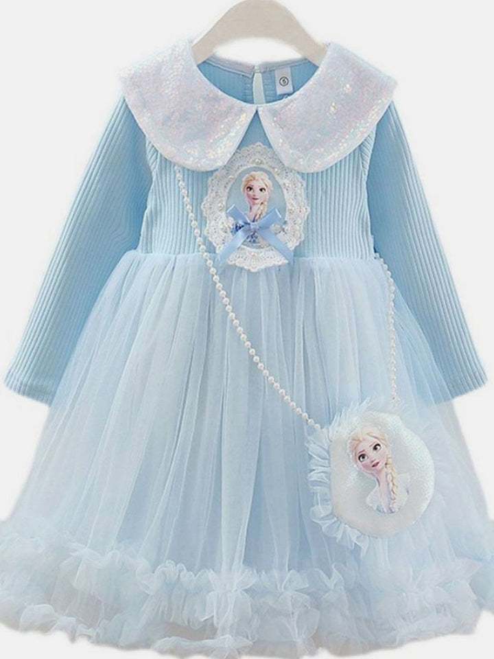 YK Girls Self Design Peter Pan Collar Tulle Fit & Flare Dress