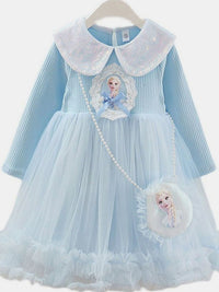 YK Girls Self Design Peter Pan Collar Tulle Fit & Flare Dress