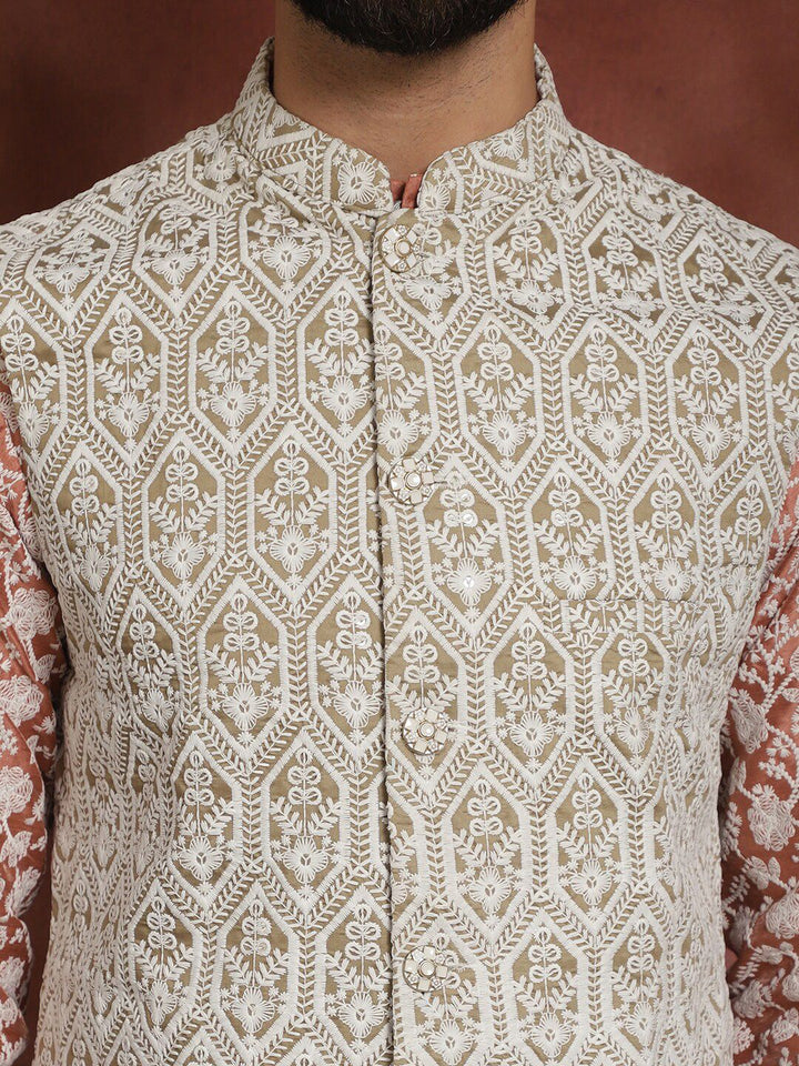 Anouk Floral Embroidered Thread Work Straight Kurta With Pyjama & Nehru Jacket