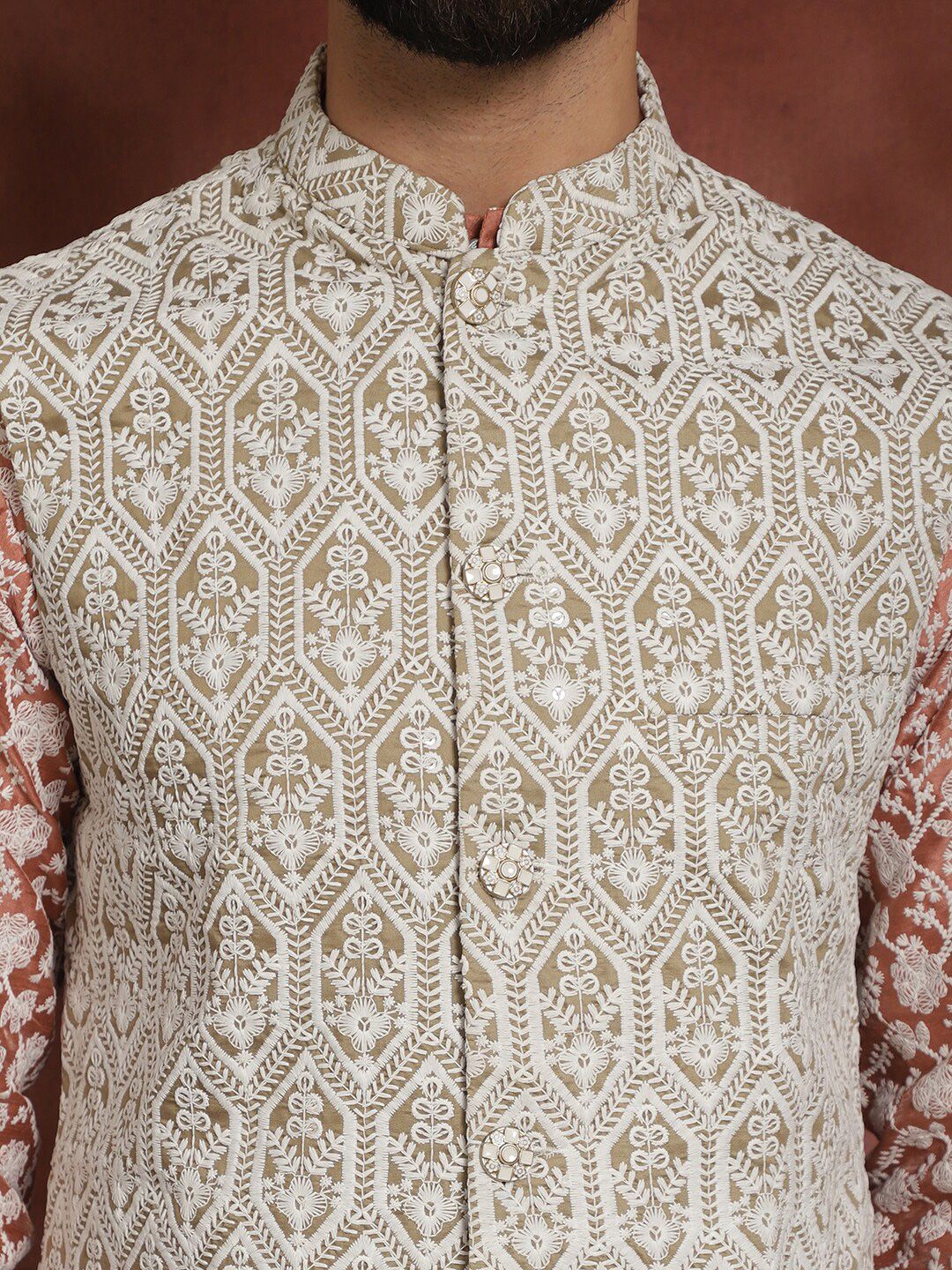 Anouk Floral Embroidered Thread Work Straight Kurta With Pyjama & Nehru Jacket