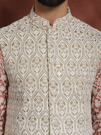 Anouk Floral Embroidered Thread Work Straight Kurta With Pyjama & Nehru Jacket