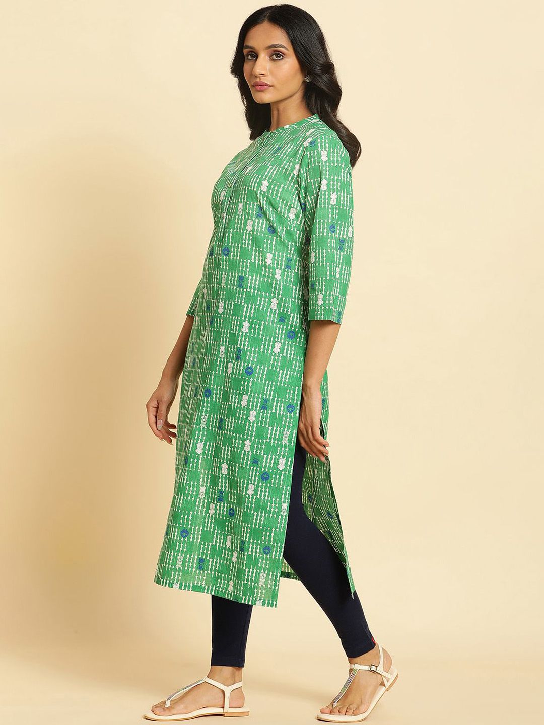 W Striped Mandarin Collar Thread Work Cotton Straight Kurta