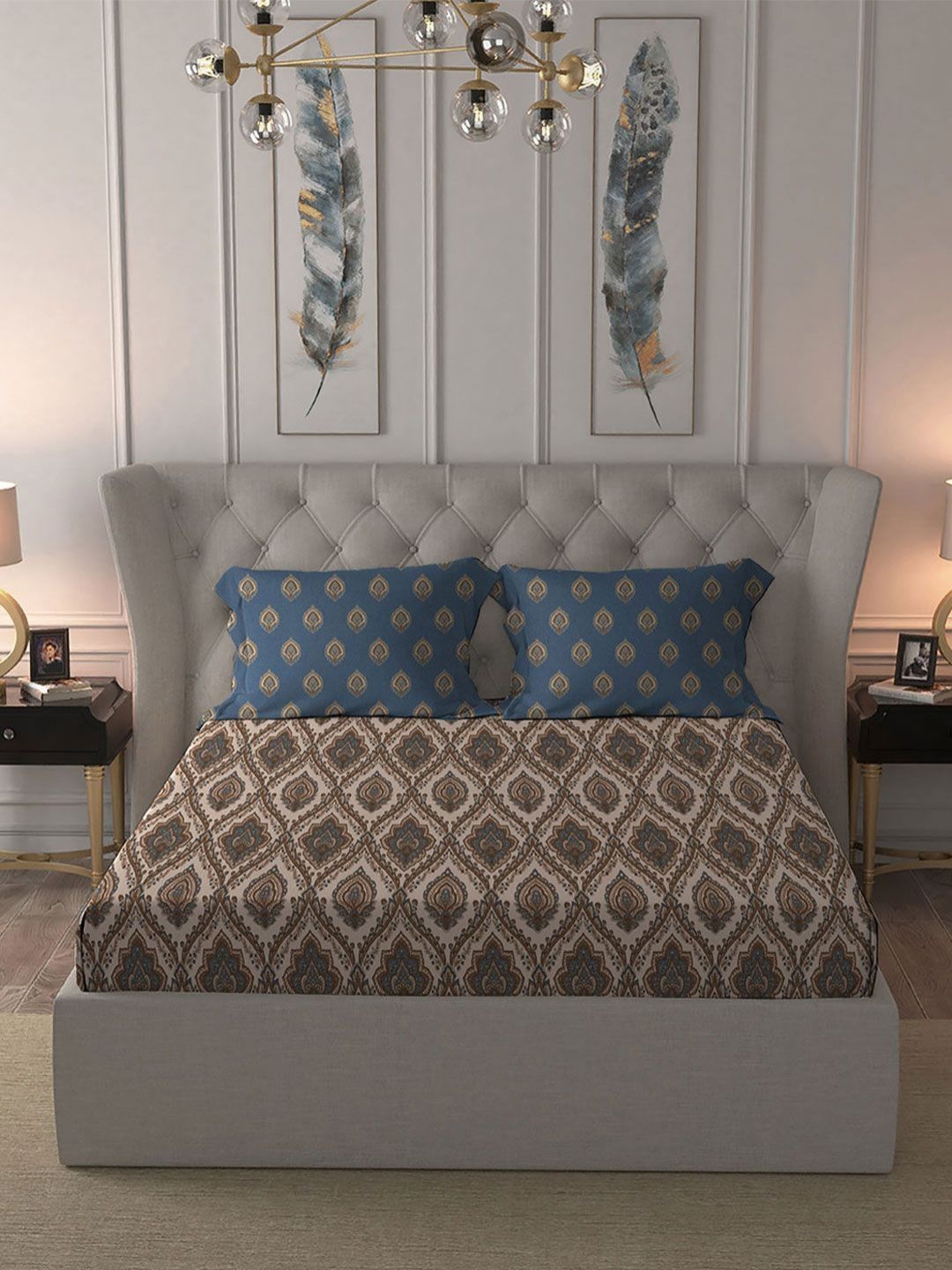 MYTRIDENT Noor Beige Celebration Flat 144TC Queen Pure Cotton 1 Bedsheet with 2 Pillow Covers