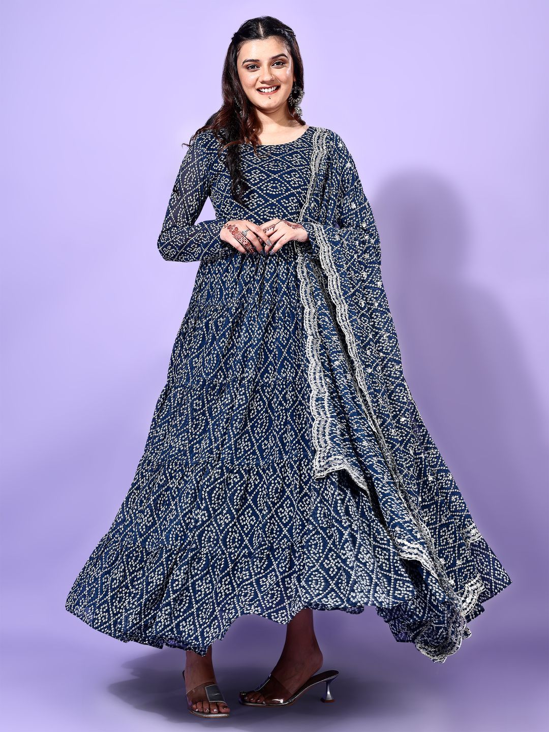 KALINI Bandhani Printed Tiered Georgette Anarkali Kurta With Trouser & Dupatta