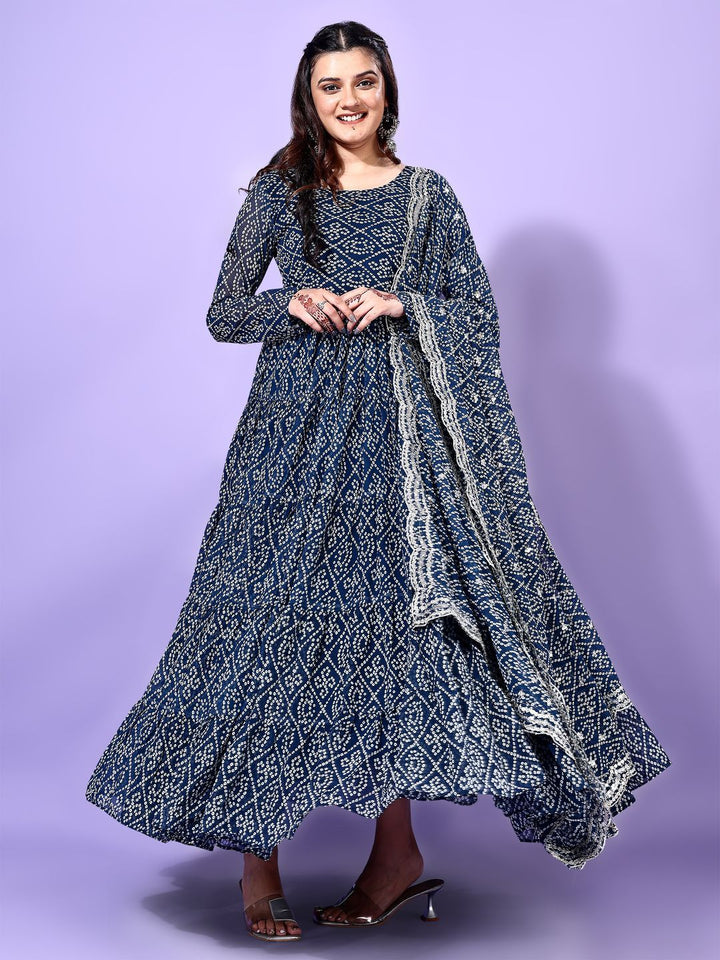 KALINI Bandhani Printed Tiered Georgette Anarkali Kurta With Trouser & Dupatta