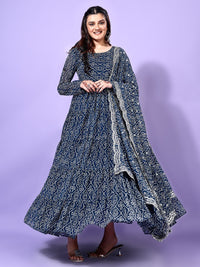 KALINI Bandhani Printed Tiered Georgette Anarkali Kurta With Trouser & Dupatta