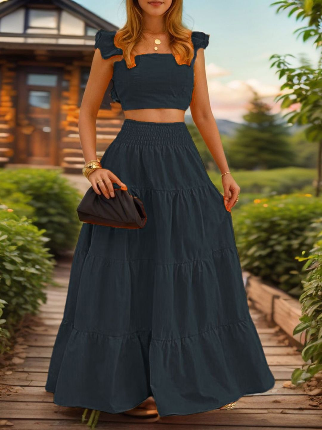 Dressberry Square Neck Top dengan Set Skirt Co-Ords