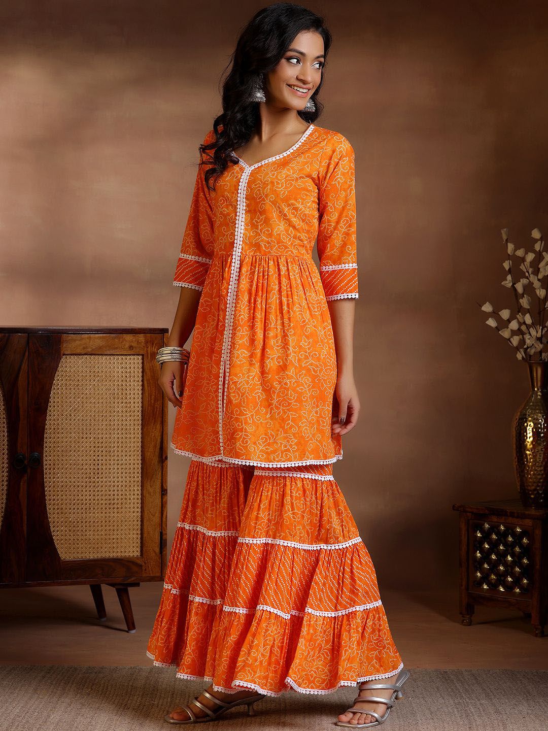 Libas Women Bandhani Printed Pleated Pure Cotton Kurti With Sharara & Dupatta