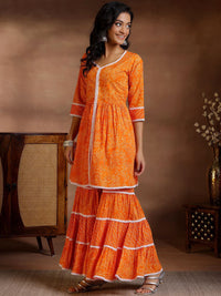 Libas Women Bandhani Printed Pleated Pure Cotton Kurti With Sharara & Dupatta