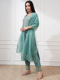 Vishudh Women Sea Embroidered New Roman Kurta with Bott0m and Nylon Organza Dupatta