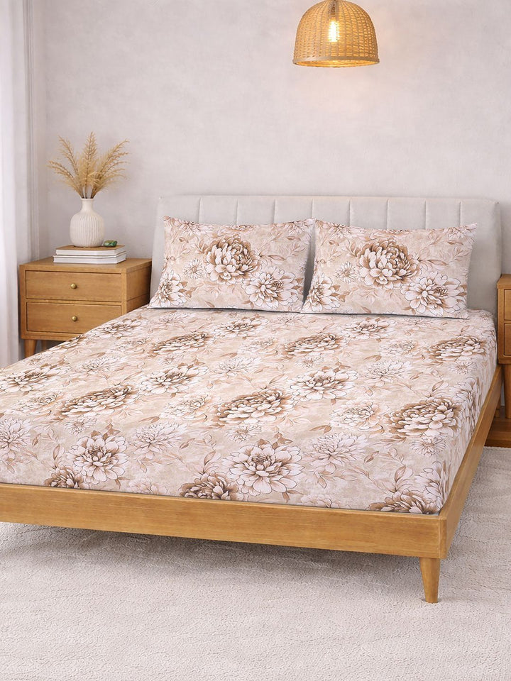 Myntra Elegant Homes Beige Floral 300 TC Super King Double Bedsheet dengan 2 Sarung Bantal