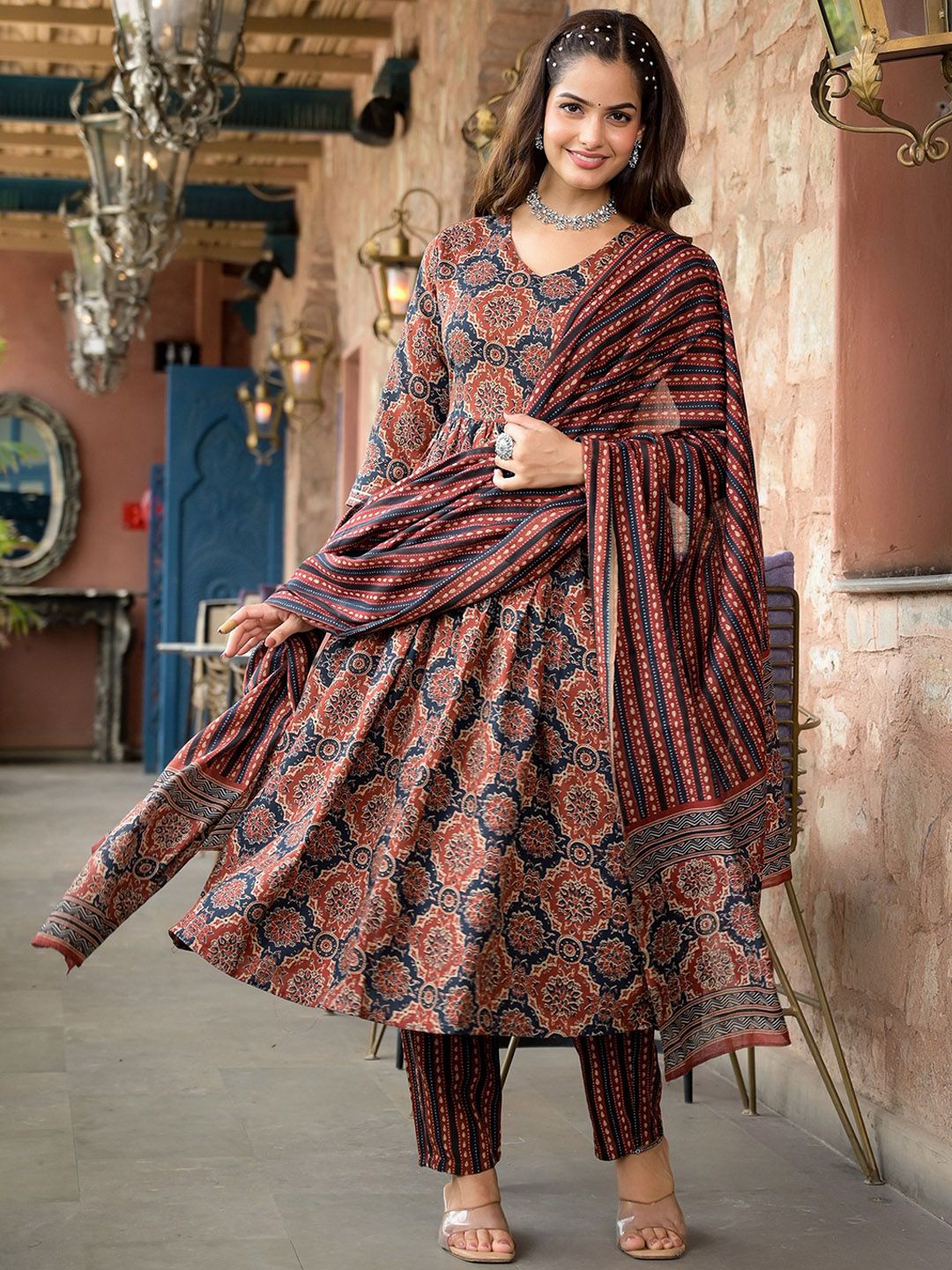 KALINI Ethnic Motifs Printed A-Line Kurta with Trousers & Dupatta