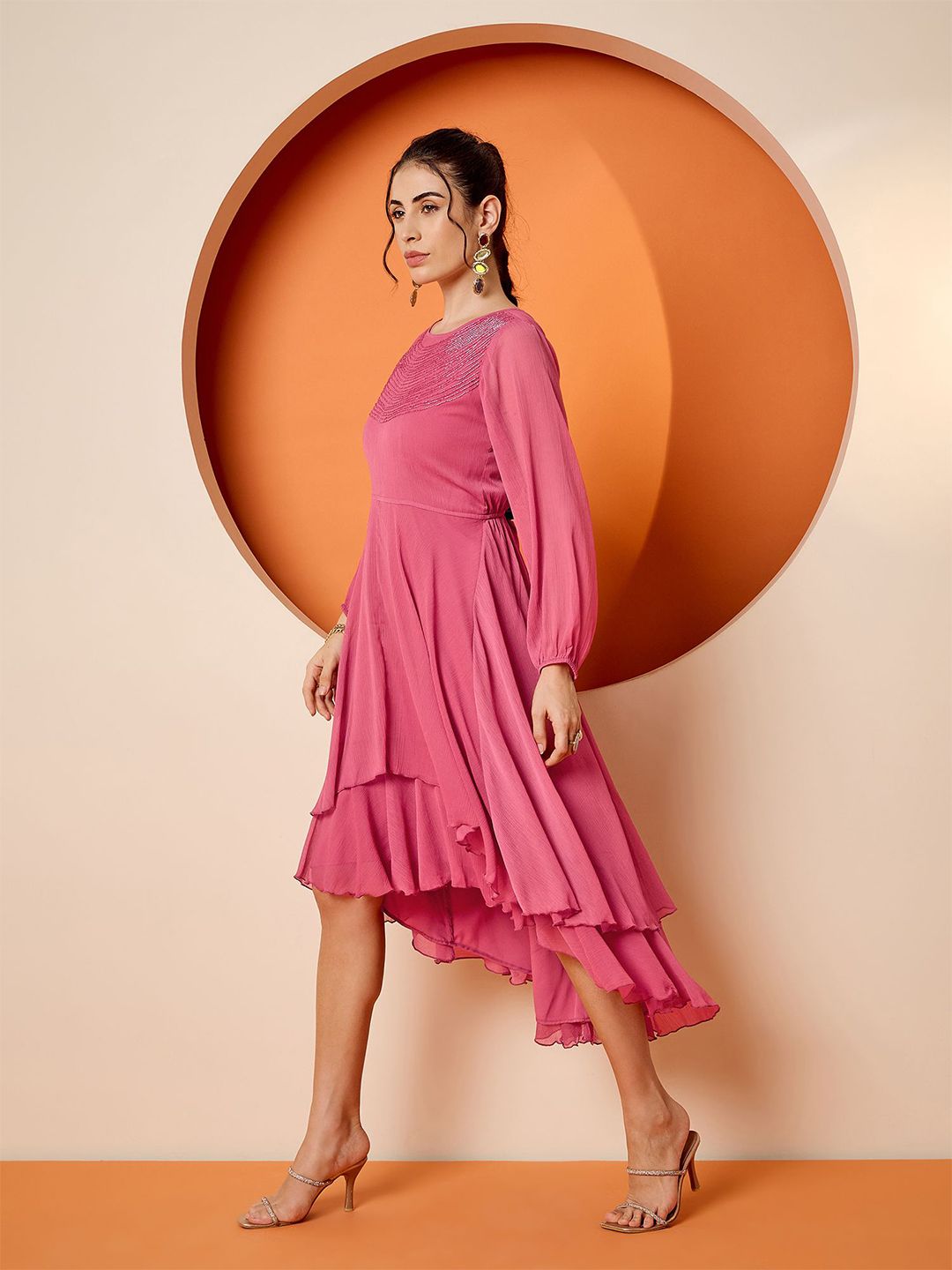 Antheaa Embellished Puff Sleeve Chiffon Fit & Flare Dress