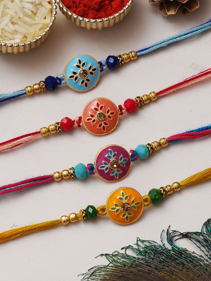 eCraftIndia Set of 4 Floral-Shaped Designer Rakhis with Roli & Chawal