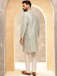 Anouk Pista Green & White Band Collar Floral Embroidered Straight Kurta