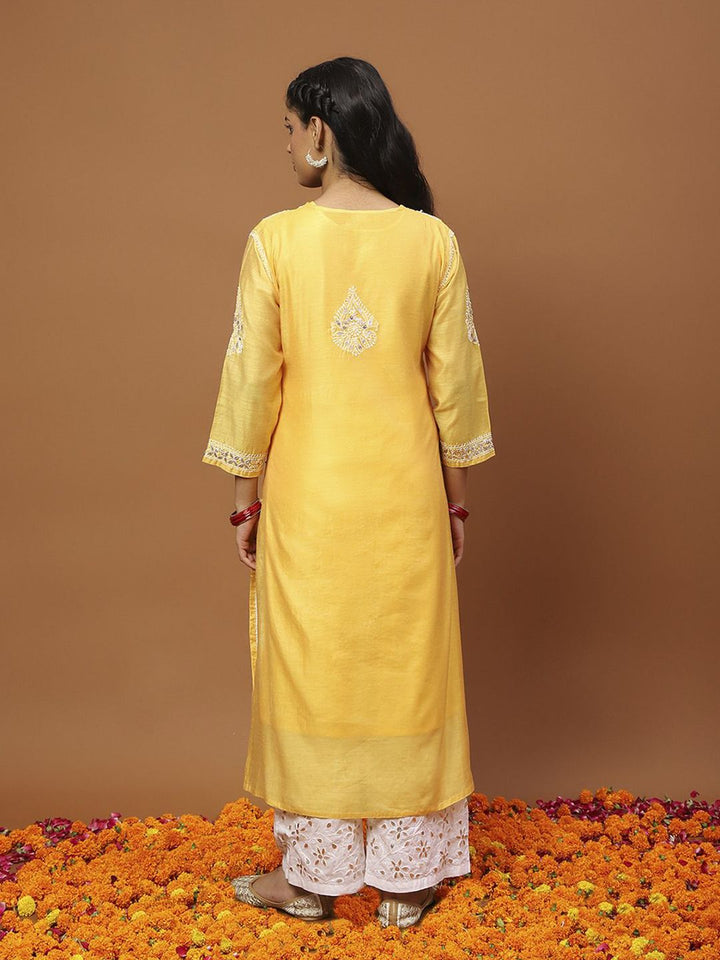House of Chikankari Women Mustard Yellow Chanderi Chikankari Embroidered Kurta Set