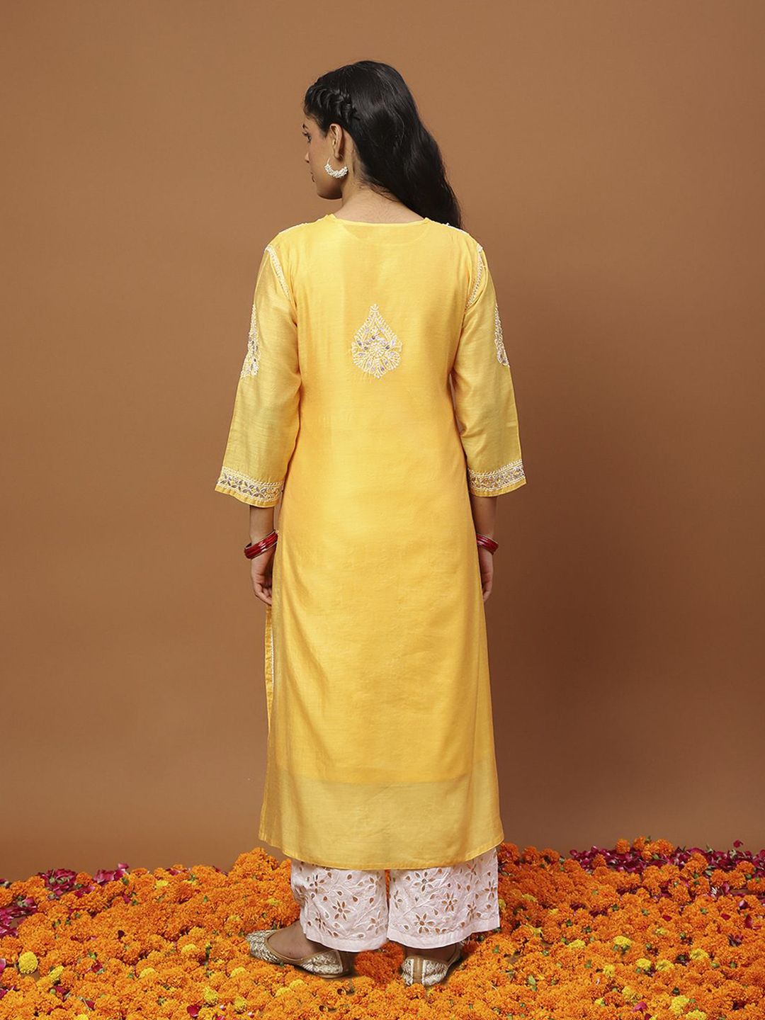 House of Chikankari Women Mustard Yellow Chanderi Chikankari Embroidered Kurta Set