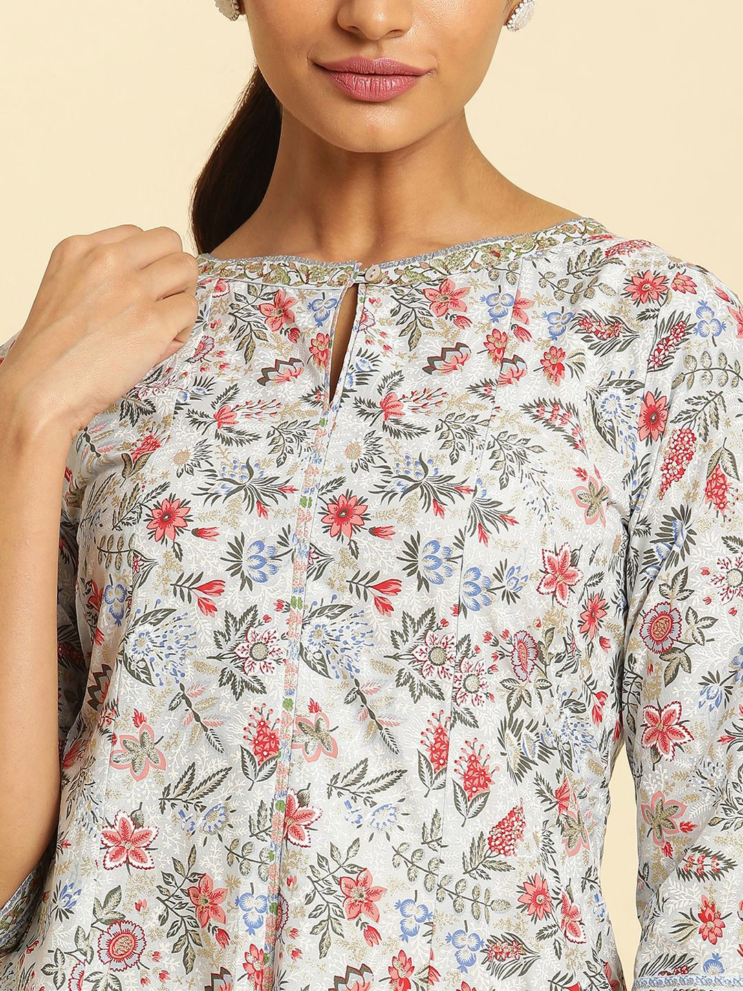 W Women Floral Printed Keyhole Neck Cotton Anarkali Kurta
