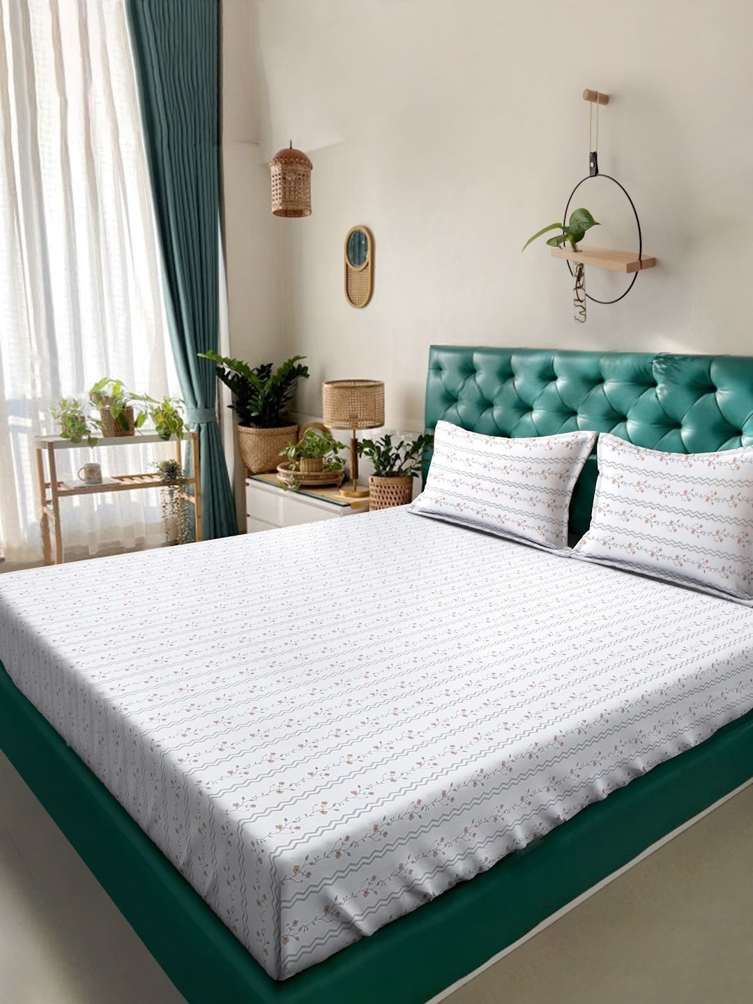 Myntra Elegant Homes White Floral 400 TC Bedsheet with 2 Pillow Covers
