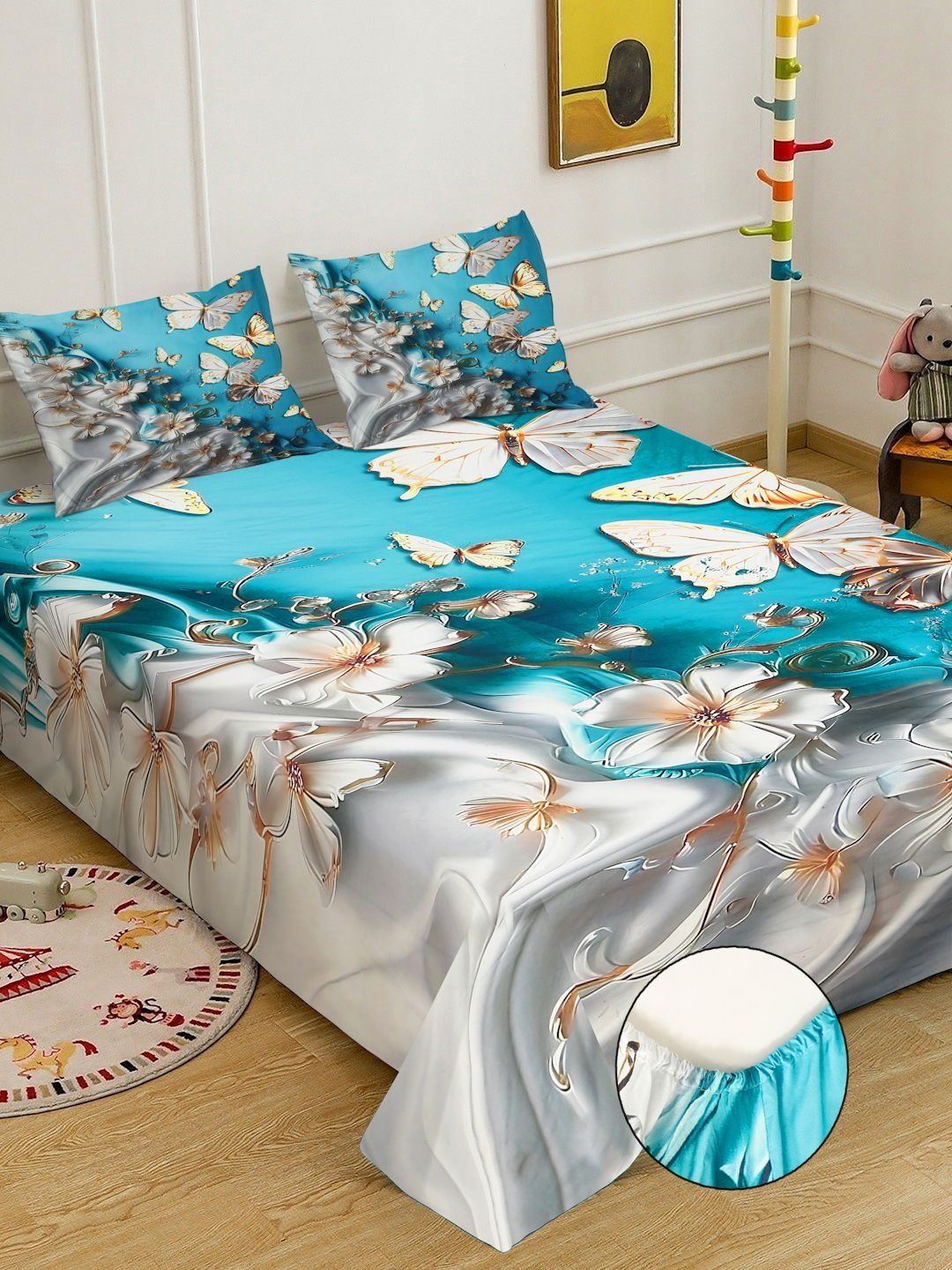 Bercetak Bunga Biru & Putih Dilengkapi Cadar Katil King Double 7D 400 TC Dengan 2 Sarung Bantal