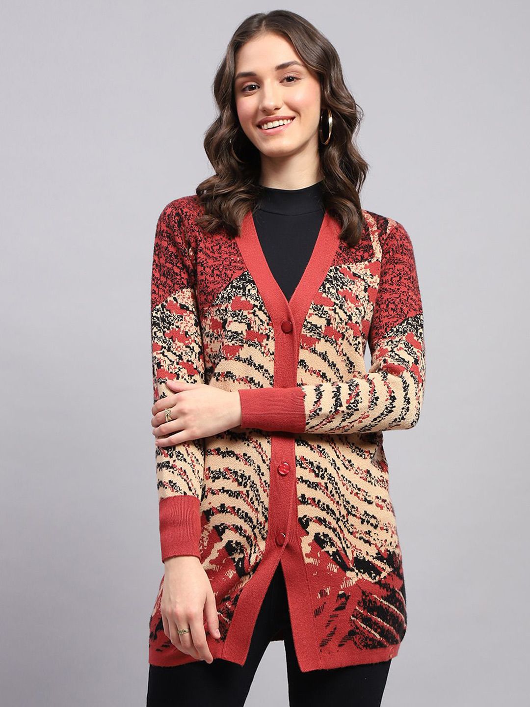 Monte Carlo Women Self Design V-Neck Long Sleeves Woollen Cardigan