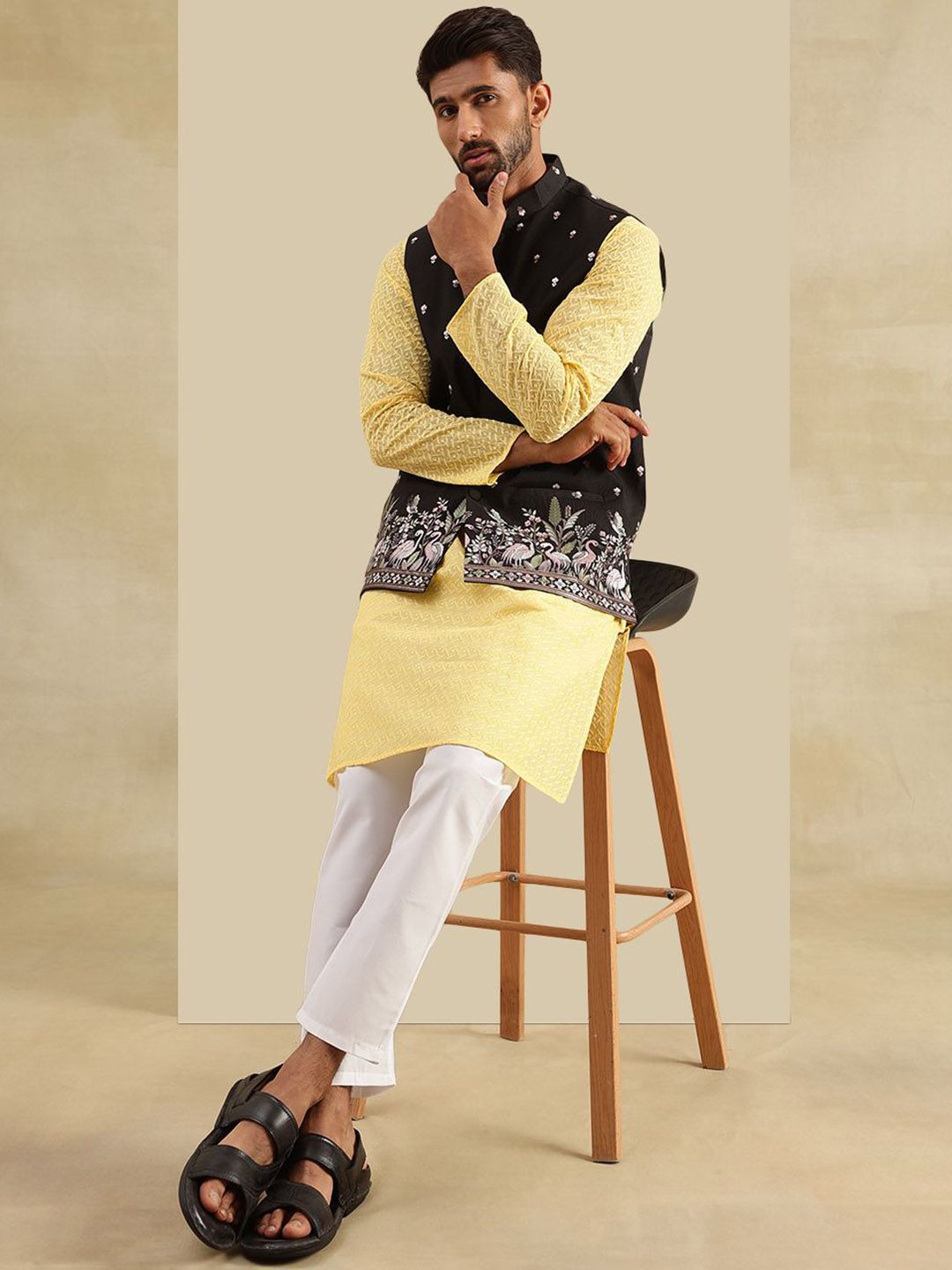SOJANYA Kurta Lurus Sulam Geometrik Chikankari Kapas Tulen Dengan Piyama & Jaket