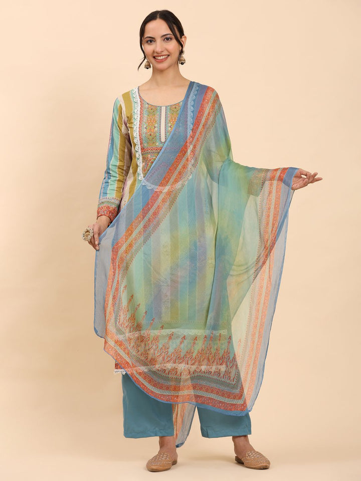 Mamicha Women Striped Printed Kurta With Trousers And Dupatta