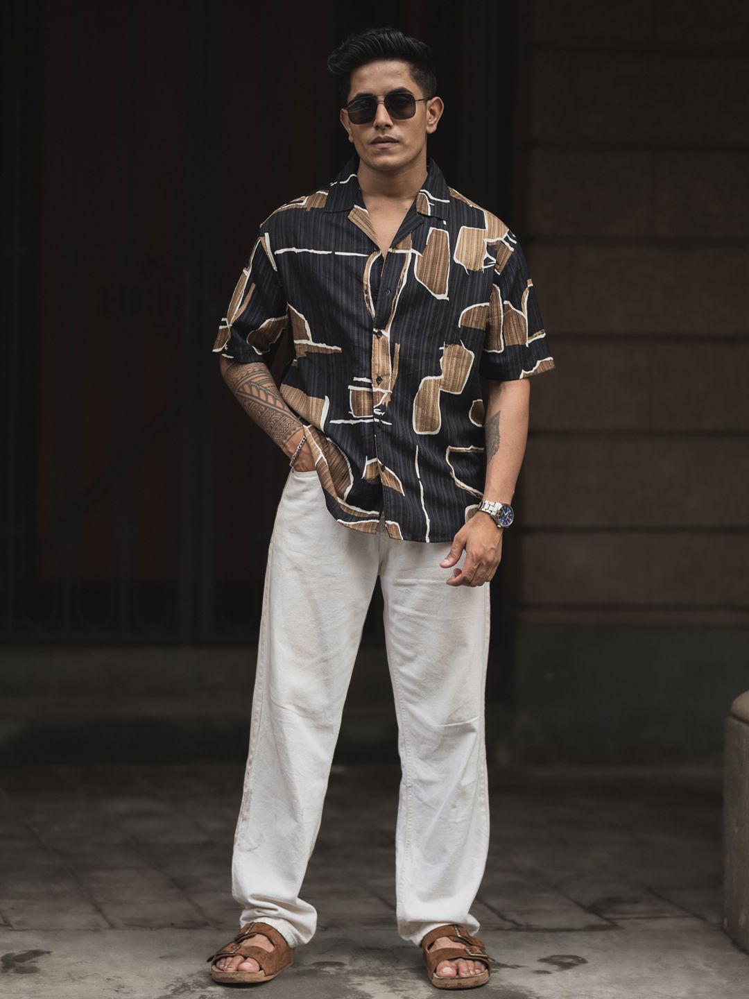 Powerlook Men Cuban Collar Abstract Printed Oversized Casual Shirt