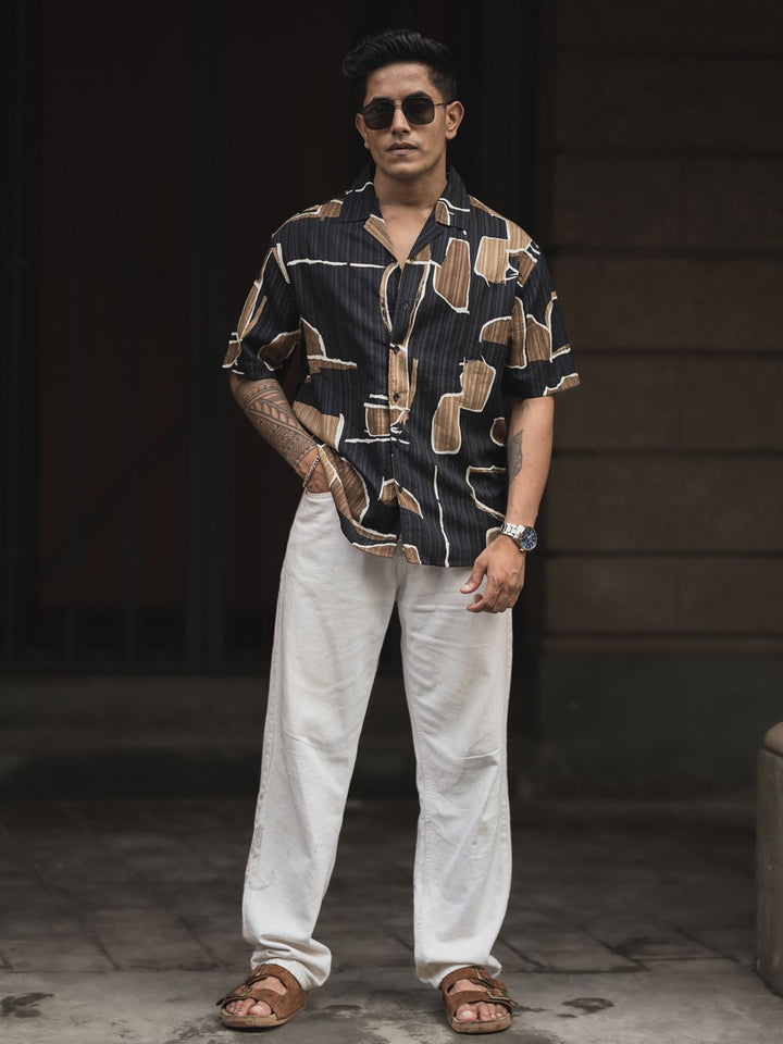 Powerlook Men Cuban Collar Abstract Printed Oversized Casual Shirt